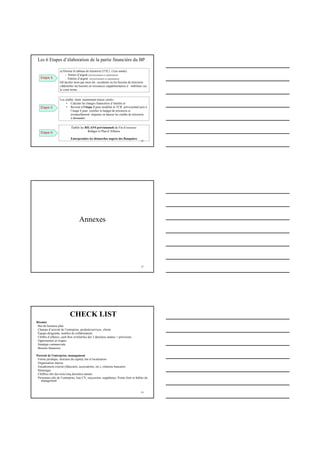 Les 6 Etapes d’élaboration de la partie financière du BP
22
Etape 5
Etape 4
Etape 6
a) Dresser le tableau de trésorerie (TTC) (1ere année)
- Sorties d’argent (investissement et exploitation)
- Entrées d’argent (investissement et exploitation)
b)Calculer mois par mois les excédents ou les besoins de trésorerie
c)Identifier les besoins en ressources supplémentaires à mobiliser sur
le court terme
Les crédits étant maintenant mieux cernés :
• Calculer les charges financières d’intérêts et
• Revenir à l’étape 2 pour modifier le TCR prévisionnel puis à
l’étape 4 pour rectifier le budget de trésorerie et
éventuellement réajuster en hausse les crédits de trésorerie
à demander
Établir les BILANS prévisionnels de Fin d’exercice
Rédiger le Plan d’Affaires
Entreprendre les démarches auprès des Banquiers
Annexes
23
24
CHECK LIST
Résume
But du business plan
Champs d’activité de l’entreprise, produits/services, clients
Équipe dirigeante, nombre de collaborateurs
Chiffre d’affaires, cash flow et bénéfice des 3 dernières années + prévisions
Opportunités et risques
Stratégie commerciale
Besoins financiers
Portrait de l'entreprise, management
Forme juridique, structure du capital, but et localisation
Organisation interne
Encadrement externe (fiduciaire, associations, etc.), relations bancaires
Historique
Chiffres-clés des trois/cinq dernières années
Personnes-clés de l’entreprise, leur CV, succession, suppléance. Points forts et faibles du
management
 