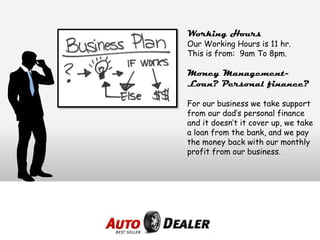Working Hours
Our Working Hours is 11 hr.
This is from: 9am To 8pm.
Money Management-
Loan? Personal finance?
For our business we take support
from our dad’s personal finance
and it doesn’t it cover up, we take
a loan from the bank, and we pay
the money back with our monthly
profit from our business.
 
