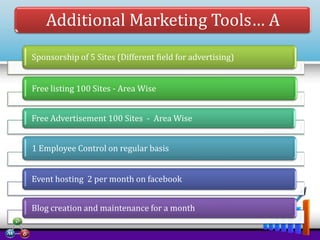 Additional Marketing Tools… A
Sponsorship of 5 Sites (Different field for advertising)

Free listing 100 Sites - Area Wise
Free Advertisement 100 Sites - Area Wise
1 Employee Control on regular basis
Event hosting 2 per month on facebook
Blog creation and maintenance for a month

 