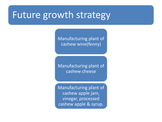 Future growth strategy
Manufacturing plant of
cashew wine(fenny)

Manufacturing plant of
cashew cheese
Manufacturing plant of
cashew apple jam,
vinegar, processed
cashew apple & syrup.

 