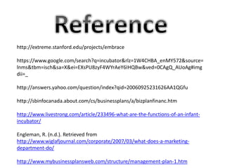 http://extreme.stanford.edu/projects/embrace
https://www.google.com/search?q=incubator&rlz=1W4CHBA_enMY572&source=
lnms&tbm=isch&sa=X&ei=EXsPU8zyF4WYrAeY6IHQBw&ved=0CAgQ_AUoAg#img
dii=_
http://answers.yahoo.com/question/index?qid=20060925231626AA1QGfu
http://sbinfocanada.about.com/cs/businessplans/a/bizplanfinanc.htm
http://www.livestrong.com/article/233496-what-are-the-functions-of-an-infant-
incubator/
Engleman, R. (n.d.). Retrieved from
http://www.wiglafjournal.com/corporate/2007/03/what-does-a-marketing-
department-do/
http://www.mybusinessplansweb.com/structure/management-plan-1.htm
 
