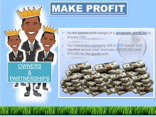 MAKE PROFIT
OWNERS
&
PARTNERSHIPS
• As the typical profit margin of a wholesale distributor is
around 25%.
• Our distribution company with a 25% margin that
reported annual total revenues of $100,000 paid
$75,000 for the goods sold.
 