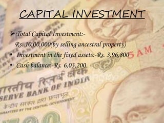 CAPITAL INVESTMENT 
Total Capital Investment:- 
Rs. 10,00,000(by selling ancestral property) 
• Investment in the fixed assets:-Rs. 3,96,800 
• Cash balance:-Rs. 6,03,200 
 