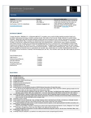 SlideWinder Corporation
Data as of 5/24/2015
Summary
Company Contact Privacy & Confidentiality
SlideWinder Corporation
1072 Geneva Ave
San Francisco, CA 94112, United States 
www.slidewinderring.com
Alex Calder
(415) 706-9412
slidewinderring@gmail.com
Personal and business information is private and
confidential in EquityNet. Such information can
only be viewed by an EquityNet member if
specifically shared with that EquityNet member.
See EquityNet’s Privacy Policy for more
information.
 
BUSINESS SUMMARY
 
Company description: SlideWinder Co., a Delaware-registered “C” corporation, owns a number of patent-pending innovations based on its
proprietary “active analog” technology, invented by company founder, Alex Calder, of San Francisco. Mission statement: “Innovation Fueling
Inspiration." SlideWinder Corporation has patent-protected musical tools which accomplish for music, what the mouse did for the computer. In other
words, with the SlideWinder Ring, for example, the relationship between a person and their music becomes POSITIONAL, not TECHNICAL.
Therefore, for the first time, creating music becomes intuitive, easy, and virtually effortless -- without lessons, hours of practice, and tedious
memorization exercises. It's simply: touch the strings with the SlideWinder Ring, and you are playing music. The SlideWinder invention (Active
Analog) can be considered: "the *MOUSE* for music." The SlideWinder Ring™, our flagship product, incorporates powerful rare-earth magnets
within a unique ring design to ease and enhance musical instrument playability --- thereby greatly expanding the type, range, variety, and numbers
of sounds possible from instruments such as: guitar (electric and acoustic), bass, ukulele, banjo, etc. A number of professionals have already
adopted this tool and it has become a mainstay in their developing style (Joe Perry, Tony Saunders, Nate Lopez, Rama Satria Claproth, and others,
for example)
 
 
Age of Enterprise (years) 1
Legal Structure Corporation
Historical Financial Records Complete
Financial Projections Complete
Market Assessment Complete
Competitive Assessment Complete
Business Plan Complete
 
 
MILESTONES
 
MonthYearMilestone
Jan 2014Market potential
Jan 2014Market forecasting
Jan 2014Establish adoption percentage rate
Jan 2014Market research
Jan 2014Business channel development
Jul 2014Artist endorsements
Sep 2014Registration as C-corporation
Jan 2015Introduction to key professional adopters at NAMM (National Association of Musical Merchants
Apr 2015
We will introduce the SlideWinder Ring in person, to more than a dozen guitar shops in Southern California, gaining acceptance of our
production model, and securing pre-orders to stock these stores in May.
Apr 2015
On-air, live-radio interview scheduled for Saturday, April 18, 11AM, San Diego. The SlideWinder will be featured in a live broadcast with:
interviews, product demos, Q&A, and a special event -- a live on-air demo given by SlideWinder Inventor and CEO, Alex Calder, to:
WOLF MARSHALL, playing the SlideWinder Ring for the first time. Wolf is a legitimate legend in the guitar world -- having literally
written the book on how to play modern guitar (electric and acoustic). Wolf sits on the faculty at UCLA School of Music, and remains an
active musician. We will invite Wolf to sit on our board of adv
May 2015Obtain investor funding
May 2015Complete first batch of production rings, and begin shipping orders to individual buyers directly, and stores (our wholesale channel).
Jun 2015Formalize corporate Advisory Panel membership with a diverse body of high-value team members.
Jul 2015
Expand distribution and sales volume to match increased production capacity, to meet growing demand from direct (consumer), and
distributor (wholesale) sales channels.
Jul 2015
Attend Summer NAMM, in Nashville, introducing our product to the American Musical heartland for: Country, Bluegrass, Folk, Gospel,
Delta Blues, Chicago Blues, Rock, Jazz, New Orleans Funk, Southern Rock and Soul, etc.
Jul 2015
Expand professional endorsements to include additional internationally-recognized artists in: Country music, Folk Music, Blues, Jazz,
Bluegrass, Salsa, Rock, etc.
Aug 2015Begin hiring key employees, in proportion to increasing revenue income and growing profit reserves.
 
 