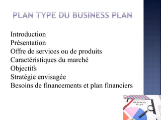 Introduction
Présentation
Offre de services ou de produits
Caractéristiques du marché
Objectifs
Stratégie envisagée
Besoins de financements et plan financiers
 