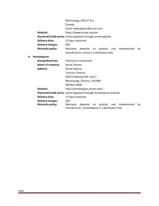 xxxx
Mississauga, ON L5T 2L1
Canada
Email: websupport@arrow.com
Website: https://www.arrow.com/en
Payment/Credit terms: online payment through arrow website
Delivery time: 15 days maximum
Delivery charges: $20
Warranty policy: Warranty depends on product and implemented by
manufacturer, arrow is a distributor only.
4. Avnetexpress
Buying Materials: Electronics component
Name of company: Avnet Express
Address: Avnet Express
Toronto, Ontario
6950 Creditview Rd. Unit 2
Mississauga, Ontario, L5N 0A6
905-812-4400
Website: http://avnetexpress.avnet.com/
Payment/Credit terms: online payment through Avnetexpress website
Delivery time: 15 days maximum
Delivery charges: $20
Warranty policy: Warranty depends on product and implemented by
manufacturer, Avnetexpress is a distributor only.
 