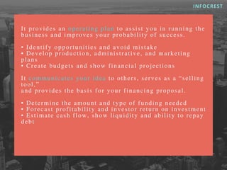 I t p r o v i d e s a n o p e r a t i n g p l a n t o a s s i s t y o u i n r u n n i n g t h e
b u s i n e s s a n d i m p r o v e s y o u r p r o b a b i l i t y o f s u c c e s s .
• I d e n t i f y o p p o r t u n i t i e s a n d a v o i d m i s t a k e
• D e v e l o p p r o d u c t i o n , a d m i n i s t r a t i v e , a n d m a r k e t i n g
p l a n s
• C r e a t e b u d g e t s a n d s h o w f i n a n c i a l p r o j e c t i o n s
I t c o m m u n i c a t e s y o u r i d e a t o o t h e r s , s e r v e s a s a “s e l l i n g
t o o l , ”
a n d p r o v i d e s t h e b a s i s f o r y o u r f i n a n c i n g p r o p o s a l .
• D e t e r m i n e t h e a m o u n t a n d t y p e o f f u n d i n g n e e d e d
• F o r e c a s t p r o f i t a b i l i t y a n d i n v e s t o r r e t u r n o n i n v e s t m e n t
• E s t i m a t e c a s h f l o w , s h o w l i q u i d i t y a n d a b i l i t y t o r e p a y
d e b t
INFOCREST
 