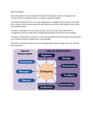 Role of Accounting:
Accounting helps in communicates information of the company owners, managers, and
investors which are needed to know a company’s financial situation.
Accountants basically work in two major departments: management accounting, which helps
you to make correct business decisions and financial accounting, which helps to know where
our business stands.
The idea of management accounting is to give correct, accurate, right information to
management which can help them in making best decisions in the favor of the company.
The nature of financial accounting is to communicate information that provides the calculations
of a company’s financial position and current situation.
Financial accounting includes profit and loss statements, balance sheets, and cash and fund
flow statements
 