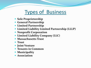 Types of Business
 Sole Proprietorship
 General Partnership
 Limited Partnership
 Limited Liability Limited Partnership (LLLP)
 Nonprofit Corporation
 Limited Liability Company (LLC)
 Massachusetts Trust
 Trust
 Joint Venture
 Tenants in Common
 Municipality
 Association
 