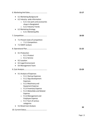 Page | 3
6. Marketing And Sales………………………………….
 6.1 Marketing Background
 6.2 Industry- wide information
o 6.2.1 Car parts and accessories
shops in Bangladesh
o 6.2.2 Industry Trends
 6.3 Marketing Strategy
o 6.3.1 Marketing Mix
15-17
7. Competition………………………………………………
 7.1 Present state of competition
o 7.1.1 Competitors
 7.2 SWOT analysis
18-20
8. Operational Plan……………………………………….
 8.1 Production
o 8.1.1 Product
o 8.1.2 Service
 8.2 Location
 8.3 Legal Environment
 8.4 Management Team
21-22
9. Cost Analysis……………………………………………..
 9.1 Analysis of Expenses
o 9.1.1 Startup Expenses
o 9.1.2 App development
Expenses
o 9.1.3 Machinery and
Equipment Expense
o 9.1.4 Inventory Expense
o 9.1.5 Motorbike and Related
Expense
o 9.1.6 Management and
Employee Expense
o 9.1.7 Sum of various
categories
 9.2 Break Even Analysis
10. Current Status…………………………………………
23-29
30
 