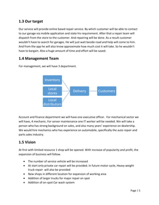Page | 5
1.3 Our target
Our service will provide online based repair service. By which customer will be able to contact
to our garage via mobile application and state his requirement. After that a repair team will
dispatch from the store to the customer. And repairing will be done. As a result customer
wouldn’t have to search for garages. He will just wait beside road and help will come to him.
And from the app he will also know approximate how much cost it will take. So he wouldn’t
have to bargain. Also a huge amount of time and effort will be saved.
1.4 Management Team
For management, we will have 3 department.
Account and finance department we will have one executive officer. For mechanical sector we
will have, 4 mechanic. For server maintenance one IT worker will be needed. We will take a
person who has strong background on sales, and also many years’ experience on dealership.
We would hire mechanics who has experience on automobile, specifically the auto repair and
parts sales industry.
1.5 Vision
At first with limited resource 1 shop will be opened. With increase of popularity and profit, the
expansion of business will follow.
 The number of service vehicle will be increased
 At start only private car repair will be provided. In future motor cycle, Heavy weight
truck repair will also be provided
 New shops in different location for expansion of working area
 Addition of larger trucks for major repair on spot
 Addition of on-spot Car wash system
CustomersDelivery
Inventory
Local
stores
Local
distributors
 