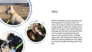 Idea
Dolly’s handmakes pet accessories and
training aids for any type of pet. All
items are made to measure and there is
a wide range of colours to choose from.
Dolly’s fills a gap in the market because
although you can buy training aids they
aren’t usually nice looking and only
come in the standard colour of black,
red or blue. By having more options for
different colours people are more likely
to choose the right training aid for their
pet.
 