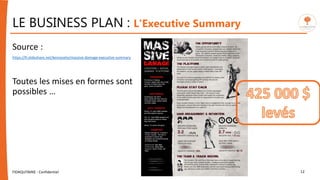 Source :
https://fr.slideshare.net/kennyseto/massive-damage-executive-summary
Toutes les mises en formes sont
possibles …
FIDAQUITAINE - Confidentiel 12
LE BUSINESS PLAN : L'Executive Summary
 