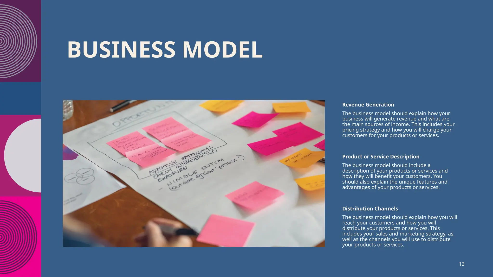 BUSINESS MODEL
Revenue Generation
The business model should explain how your
business will generate revenue and what are
the main sources of income. This includes your
pricing strategy and how you will charge your
customers for your products or services.
Product or Service Description
The business model should include a
description of your products or services and
how they will benefit your customers. You
should also explain the unique features and
advantages of your products or services.
Distribution Channels
The business model should explain how you will
reach your customers and how you will
distribute your products or services. This
includes your sales and marketing strategy, as
well as the channels you will use to distribute
your products or services.
12
 