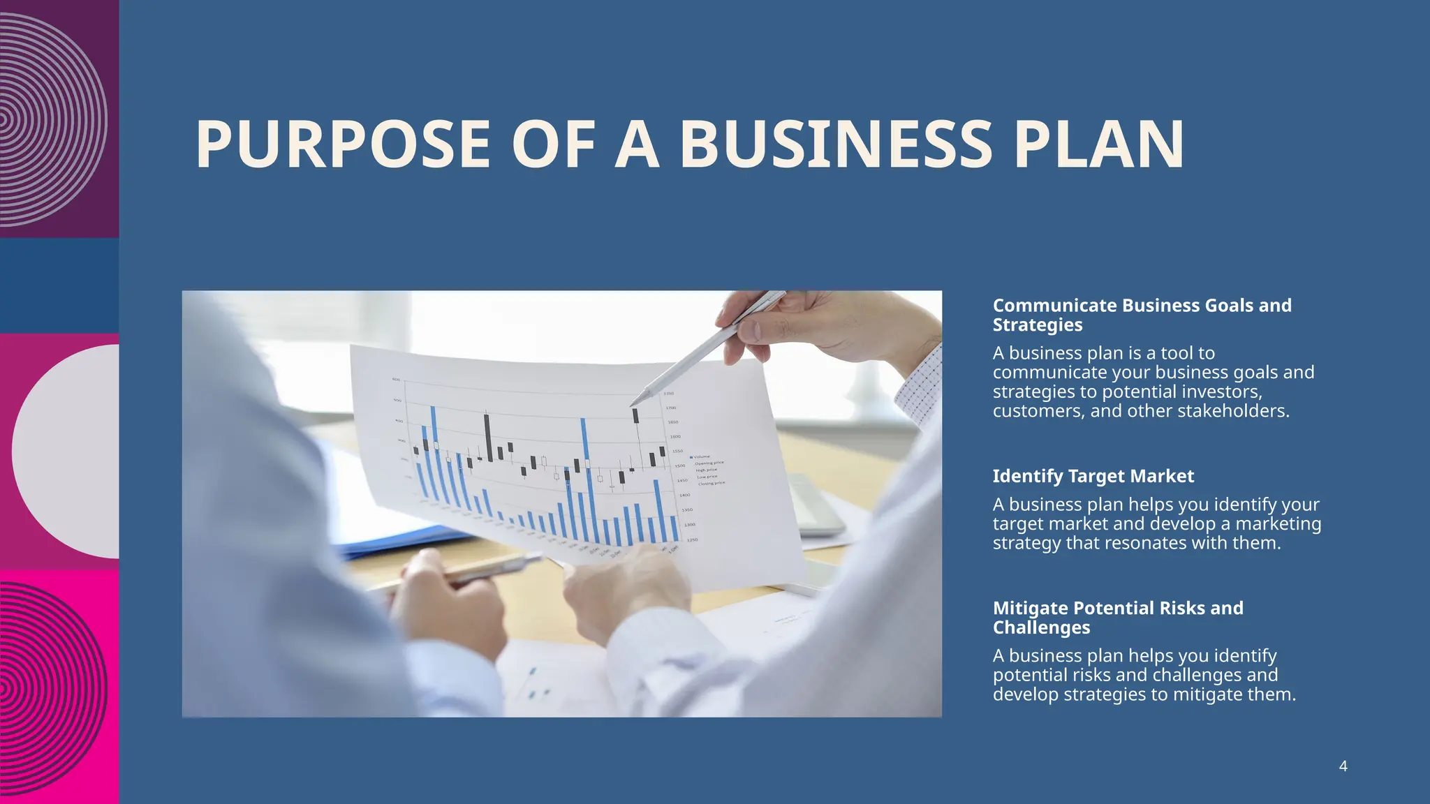 PURPOSE OF A BUSINESS PLAN
Communicate Business Goals and
Strategies
A business plan is a tool to
communicate your business goals and
strategies to potential investors,
customers, and other stakeholders.
Identify Target Market
A business plan helps you identify your
target market and develop a marketing
strategy that resonates with them.
Mitigate Potential Risks and
Challenges
A business plan helps you identify
potential risks and challenges and
develop strategies to mitigate them.
4
 