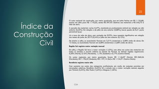 22
Índice da
Construção
Civil
O custo nacional da construção, por metro quadrado, que em junho fechou em R$ 1.135,88,
passou em julho para R$ 1.143,65, sendo R$ 597,92 relativos aos materiais e R$ 545,73 à
mão de obra.
A parcela dos materiais variou 0,47%, mantendo-se praticamente estável em relação ao mês
anterior (0,45%). Em relação a de julho do ano anterior (0,88%), houve queda de 0,41 ponto
percentual (p.p).
Já a taxa da mão de obra, com variação de 0,92%, teve aumento significativo em relação
aos meses de junho de 2019 (0,24%) e julho do ano anterior (0,13%).
De janeiro a julho, os acumulados ficaram em 3,21% (materiais) e 2,08% (mão de obra). Em
12 meses, os acumulados ficaram em 6,08% (materiais) e 2,68% (mão de obra).
Região Sul registra maior variação mensal
Em julho, a Região Sul teve a maior variação (1,22%), com altas nos custos dos materiais em
todos os estados e acordo coletivo no estado do Paraná. As demais regiões registraram:
0,20% (Norte), 0,16% (Nordeste), 1,13% (Sudeste) e 0,17% (Centro-Oeste).
Os custos regionais, por metro quadrado, foram: R$ 1.146,07 (Norte); R$1.060,26
(Nordeste); R$ 1.196,52 (Sudeste); R$1.197,14 (Sul) e R$ 1.134,91 (Centro-Oeste).
Rondônia registra maior alta
Com aumento nos custos das categorias profissionais, em razão de reajustes previstos em
convenções coletivas, Rondônia (2,64%) foi o estado com a maior variação mensal, seguido
por Paraná (2,54%), São Paulo (1,64%) e Alagoas (1,26%).
 