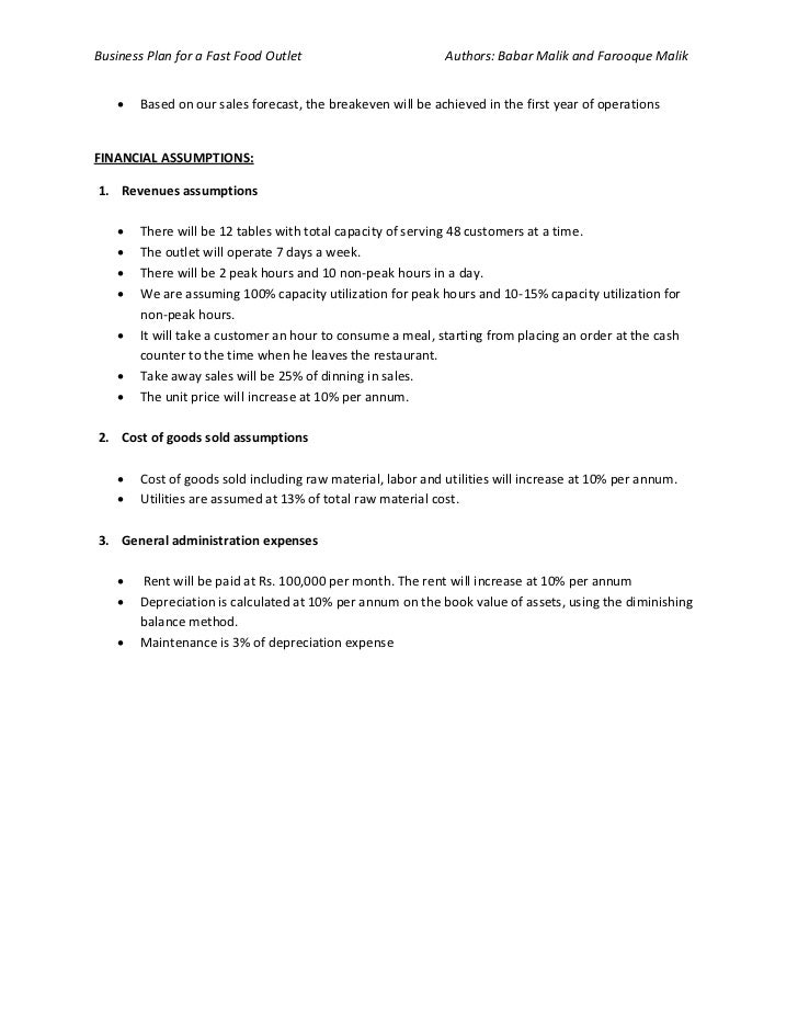 Business plan of fast food restaurant