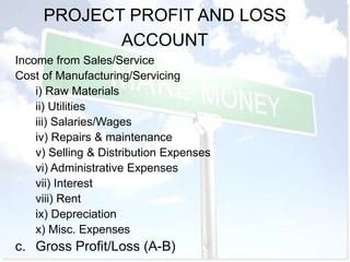 PROJECT PROFIT AND LOSS
            ACCOUNT
Income from Sales/Service
Cost of Manufacturing/Servicing
    i) Raw Materials
    ii) Utilities
    iii) Salaries/Wages
    iv) Repairs & maintenance
    v) Selling & Distribution Expenses
    vi) Administrative Expenses
    vii) Interest
    viii) Rent
    ix) Depreciation
    x) Misc. Expenses
c. Gross Profit/Loss (A-B)
 