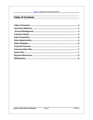 Galaxy - Strategic Account Business Plan
Table of Contents
Table of Contents.................................................................................................2
Document Objective............................................................................................3
Account Background ........................................................................................3
Customer Needs..................................................................................................6
Value Proposition................................................................................................6
Sales Opportunities.............................................................................................6
Sales Strategies...................................................................................................6
Financial Forecast...............................................................................................7
Communication Plan...........................................................................................7
Action Plan...........................................................................................................7
Required Resources............................................................................................8
Bibliography.........................................................................................................8
Hotel Furniture Outlet Confidential Page 2 11/8/2015
 