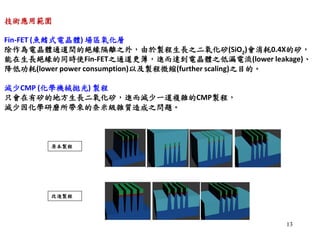 13
技術應用範圍
Fin-FET (魚鰭式電晶體) 場區氧化層
除作為電晶體通道間的絕緣隔離之外，由於製程生長之二氧化矽(SiO2)會消耗0.4X的矽，
能在生長絕緣的同時使Fin-FET之通道更薄，進而達到電晶體之低漏電流(lower leakage)、
降低功耗(lower power consumption)以及製程微縮(further scaling)之目的。
減少CMP (化學機械拋光) 製程
只會在有矽的地方生長二氧化矽，進而減少一道複雜的CMP製程，
減少因化學研磨所帶來的奈米級雜質造成之問題。
原本製程
改進製程
 