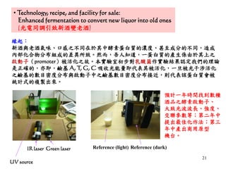 21
• Technology, recipe, and facility for sale:
Enhanced fermentation to convert new liquor into old ones
(光電同調引致新酒變老酒)
緣起：
新酒與老酒氣味、口感之不同在於其中酵素蛋白質的濃度、甚至成分的不同，造成
內部化合物分布組成的差異所致。然而，吾人知道，一蛋白質的產生係由於其上之
啟動子（promoter）被活化之故。本實驗室初步對乳酸菌作實驗結果認定我們的理論
是正確的，亦即，鹼基 A, T, G, C 吸收光能量即代表其被活化，一旦被光干涉活化
之鹼基的數目密度分布與啟動子中之鹼基數目密度分布接近，則代表該蛋白質會被
統計式的複製出來。
Reference (light) Reference (dark)IR laser Green laser
UV source
預計一年時間找到數種
酒品之酵素啟動子、
大致光波波長、強度、
交聯參數等；第二年中
提出最佳化作法；第三
年中產出商用原型
機台。
 