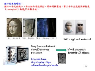 2020
Very fine resolution &
new 3D coloring
projection
Vivid, authentic
dynamic 3D objects!
Still rough and awkward
Or, ev...