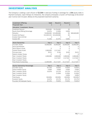 16 | P a g e
INVESTMENT ANALYSIS
The Company is seeking a cash infusion of $2.25M in seed plus funding in exchange for a 15% equity stake in
Payment Company. Upon hitting’s its milestones, the company anticipates a round 1 of financings at the end of
year 3 and an exit in 6 years. Below are the projected investment scenarios.
Investment Offering Seed Round 1 Round 2 Exit
Proposed Year: 1 2 3 7
Investment Amount $500,000 $2,250,000 $0
Equity Share Offering Percentage 16.67% 15.00% 0.00%
Valuation $3,000,000 $15,000,000 $0 $89,600,000
Investor Exit Payout $12,693,333 $13,440,000 $0
Investor Years Until Exit 6 5 4
Investor IRR 71.44% 42.97% 0.00%
Share Ownership Year 1 Year 2 Year 3 Year 7
Founders' Shares 10,000,000 10,000,000 10,000,000 10,000,000
Stock Split Multiple 0 0 0
Stock Options Issued 0 0 0 0
Investor Shares Issued 2,000,000 2,117,647 0
Price per share $0.25 $1.06 $0.00 $6.35
Options Holders' Shares 0 0 0 0
Year 1 Investors' Shares 2,000,000 2,000,000 2,000,000 2,000,000
Year 2 Investors' Shares 2,117,647 2,117,647 2,117,647
Year 3 Investors' Shares 0 0
Total Shares Outstanding 12,000,000 14,117,647 14,117,647 14,117,647
Equity Ownership Percentage Year 1 Year 2 Year 3 Year 7
Founders' Equity 83.33% 70.83% 70.83% 70.83%
Option Holders' Equity 0.00% 0.00% 0.00% 0.00%
Year 1 Investors' Equity 16.67% 14.17% 14.17% 14.17%
Year 2 Investors' Equity 15.00% 15.00% 15.00%
Year 3 Investors' Equity 0.00% 0.00%
Total Equity 100.00% 100.00% 100.00% 100.00%
Investors' Equity 16.67% 29.17% 29.17% 29.17%
Founders' & Employees' Equity 83.33% 70.83% 70.83% 70.83%
Valuation, Investment, Shares
 