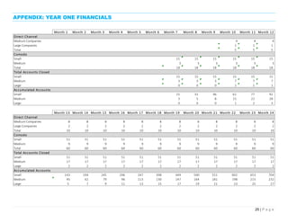 25 | P a g e
APPENDIX: YEAR ONE FINANCIALS
Month 1 Month 2 Month 3 Month 4 Month 5 Month 6 Month 7 Month 8 Month 9 Month 10 Month 11 Month 12
Direct Channel
Medium Companies 4 4 4
Large Companies 1 1 1
Total 5 5 5
Comodo
Small 15 15 15 15 15 15
Medium 3 3 3 3 3 3
Total 18 18 18 18 18 18
Total Accounts Closed
Small 15 15 15 15 15 15
Medium 3 3 3 7 7 7
Large 0 0 0 1 1 1
Accumulated Accounts
Small 15 31 46 61 77 92
Medium 3 5 8 15 22 28
Large 0 0 0 1 2 3
Month 13 Month 14 Month 15 Month 16 Month 17 Month 18 Month 19 Month 20 Month 21 Month 22 Month 23 Month 24
Direct Channel
Medium Companies 8 8 8 8 8 8 8 8 8 8 8 8
Large Companies 2 2 2 2 2 2 2 2 2 2 2 2
Total 10 10 10 10 10 10 10 10 10 10 10 10
Comodo
Small 51 51 51 51 51 51 51 51 51 51 51 51
Medium 9 9 9 9 9 9 9 9 9 9 9 9
Total 60 60 60 60 60 60 60 60 60 60 60 60
Total Accounts Closed
Small 51 51 51 51 51 51 51 51 51 51 51 51
Medium 17 17 17 17 17 17 17 17 17 17 17 17
Large 2 2 2 2 2 2 2 2 2 2 2 2
Accumulated Accounts
Small 143 194 245 296 347 398 449 500 551 602 653 704
Medium 45 62 79 96 113 130 147 164 181 198 215 232
Large 5 7 9 11 13 15 17 19 21 23 25 27
 