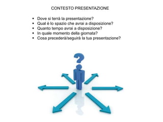 CONTESTO PRESENTAZIONE
 Dove si terrà la presentazione?
 Qual è lo spazio che avrai a disposizione?
 Quanto tempo avrai a disposizione?
 In quale momento della giornata?
 Cosa precederà/seguirà la tua presentazione?
 