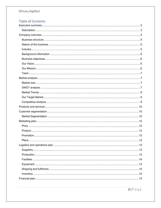 ©Team_DigiMart
2 | P a g e
Table of Contents
Executive summary.......................................................................................................................................3
Description ................................................................................................................................................3
Company overview........................................................................................................................................4
Business structure.....................................................................................................................................4
Nature of the business ..............................................................................................................................5
Industry......................................................................................................................................................5
Background information ............................................................................................................................6
Business objectives...................................................................................................................................6
Our Vision..................................................................................................................................................6
Our Mission ...............................................................................................................................................6
Team .........................................................................................................................................................7
Market analysis .............................................................................................................................................7
Market size................................................................................................................................................7
SWOT analysis .........................................................................................................................................7
Market Trends ...........................................................................................................................................9
Our Target Market.....................................................................................................................................9
Competitive analysis .................................................................................................................................9
Products and services.................................................................................................................................10
Customer segmentation..............................................................................................................................10
Market Segmentation..............................................................................................................................10
Marketing plan.............................................................................................................................................12
Price ........................................................................................................................................................12
Product....................................................................................................................................................12
Promotion................................................................................................................................................12
Place .......................................................................................................................................................12
Logistics and operations plan .....................................................................................................................13
Suppliers .................................................................................................................................................13
Production ...............................................................................................................................................13
Facilities ..................................................................................................................................................14
Equipment ...............................................................................................................................................14
Shipping and fulfilment............................................................................................................................14
Inventory..................................................................................................................................................14
Financial plan ..............................................................................................................................................15
 