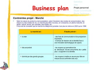 Définition
                                                                                    Idée

                           Business plan                                            Projet personnel
                                                                                    Étude commerciale
                                                                                    Étude Technique

Contraintes projet : Marché
   Selon la nature du produit ou de la prestation, selon l’évolution des modes de consommation, des
    mœurs ou des modes de vie, un marché peut être nouveau, en croissance, en pleine maturité, en
    déclin, saturé, fermé, peu solvable, très éclaté, etc…
    Force est de constater que le marché du téléphone portable n’est plus le même en 2003 qu’en 1998


                       Le marché est :                                Il faudra prévoir :

           à créer                                      - des frais de communication et de prospection
                                                        importants,
                                                        - le temps de réaction de la clientèle face à
                                                        une innovation technologique de rupture.

           très encombré                                - les moyens qui permettront de
                                                        se démarquer de ses concurrents, les « petits
                                                        plus » à apporter à la clientèle.

           dominé par des grands groupes                - les moyens à mettre en œuvre pour être en
                                                        mesure de se confronter avec eux .
 