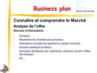 Définition
                                                          Idée

                 Business plan                            Projet personnel
                                                          Étude commerciale
                                                          Étude Technique


Connaître et comprendre le Marché
Analyse de l’offre
Sources d’informations
•   Kompass;
•   Répertoires des chambres de commerce;
•   Publications et études se rapportant au secteur d’activité;
•   Annuaire statistique du Maroc;
•   Annuaires statistiques des organismes nationaux comme l’office
    des changes;
•   etc.…
 