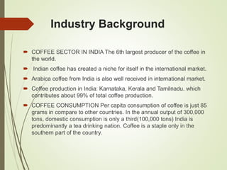 Industry Background
 COFFEE SECTOR IN INDIA The 6th largest producer of the coffee in
the world.
 Indian coffee has created a niche for itself in the international market.
 Arabica coffee from India is also well received in international market.
 Coffee production in India: Karnataka, Kerala and Tamilnadu. which
contributes about 99% of total coffee production.
 COFFEE CONSUMPTION Per capita consumption of coffee is just 85
grams in compare to other countries. In the annual output of 300,000
tons, domestic consumption is only a third(100,000 tons) India is
predominantly a tea drinking nation. Coffee is a staple only in the
southern part of the country.
 