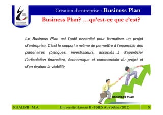 Création d’entreprise : Business Plan
               Business Plan? …qu’est-ce que c’est?

     Le Business Plan est l’outil essentiel pour formaliser un projet
     d’entreprise. C’est le support à même de permettre à l’ensemble des
     partenaires    (banques,    investisseurs,    associés…)      d’apprécier
     l’articulation financière, économique et commerciale du projet et
     d’en évaluer la viabilité




RHALIMI M.A.              Université Hassan II - FSJES Ain Sebâa (2012)          5
 