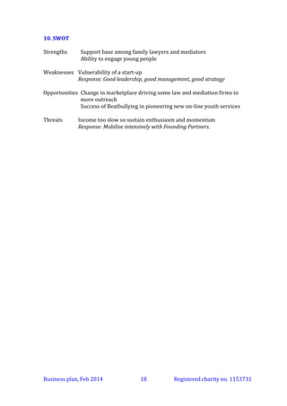 10. SWOT
Strengths

Support base among family lawyers and mediators
Ability to engage young people

Weaknesses

Vulnerability of a start-up
Response: Good leadership, good management, good strategy

Opportunities Change in marketplace driving some law and mediation firms to
more outreach
Success of Beatbullying in pioneering new on-line youth services
Threats

Income too slow so sustain enthusiasm and momentum
Response: Mobilise intensively with Founding Partners.

Business plan, March 2014

18

Registered charity no. 1153731

 