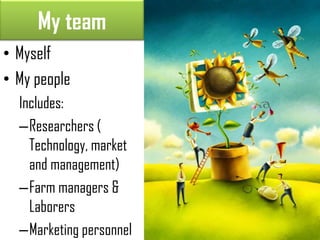 My team
• Myself
• My people
  Includes:
  –Researchers (
    Technology, market
    and management)
  –Farm managers &
    Laborers
  –Marketing personnel
 