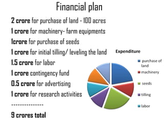 Financial plan
2 crore for purchase of land - 100 acres
1 crore for machinery- farm equipments
1crore for purchase of seeds
1 crore for initial tilling/ leveling the land
1.5 crore for labor
1 crore contingency fund
0.5 crore for advertising
1 crore for research activities
---------------
9 crores total
 