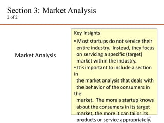 Section 3: Market Analysis
2 of 2
4-16
Market Analysis
Key Insights
• Most startups do not service their
entire industry. Instead, they focus
on servicing a specific (target)
market within the industry.
• It’s important to include a section
in
the market analysis that deals with
the behavior of the consumers in
the
market. The more a startup knows
about the consumers in its target
market, the more it can tailor its
products or service appropriately.
 