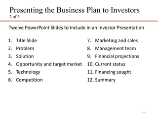Presenting the Business Plan to Investors
2 of 3
4-28
Twelve PowerPoint Slides to Include in an Investor Presentation
1. Title Slide
2. Problem
3. Solution
4. Opportunity and target market
5. Technology
6. Competition
7. Marketing and sales
8. Management team
9. Financial projections
10. Current status
11. Financing sought
12. Summary
 