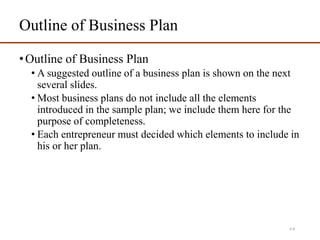 Outline of Business Plan
•Outline of Business Plan
• A suggested outline of a business plan is shown on the next
several slides.
• Most business plans do not include all the elements
introduced in the sample plan; we include them here for the
purpose of completeness.
• Each entrepreneur must decided which elements to include in
his or her plan.
4-8
 