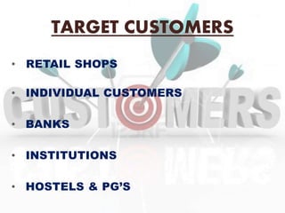 TARGET CUSTOMERS
• RETAIL SHOPS
• INDIVIDUAL CUSTOMERS
• BANKS
• INSTITUTIONS
• HOSTELS & PG’S
 