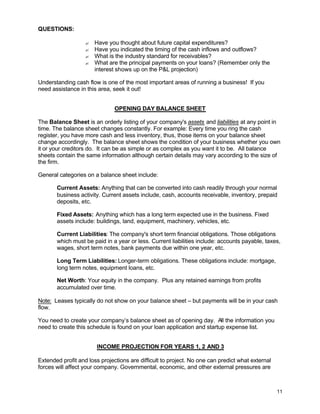 11
QUESTIONS:
? Have you thought about future capital expenditures?
? Have you indicated the timing of the cash inflows and outflows?
? What is the industry standard for receivables?
? What are the principal payments on your loans? (Remember only the
interest shows up on the P&L projection)
Understanding cash flow is one of the most important areas of running a business! If you
need assistance in this area, seek it out!
OPENING DAY BALANCE SHEET
The Balance Sheet is an orderly listing of your company's assets and liabilities at any point in
time. The balance sheet changes constantly. For example: Every time you ring the cash
register, you have more cash and less inventory, thus, those items on your balance sheet
change accordingly. The balance sheet shows the condition of your business whether you own
it or your creditors do. It can be as simple or as complex as you want it to be. All balance
sheets contain the same information although certain details may vary according to the size of
the firm.
General categories on a balance sheet include:
Current Assets: Anything that can be converted into cash readily through your normal
business activity. Current assets include, cash, accounts receivable, inventory, prepaid
deposits, etc.
Fixed Assets: Anything which has a long term expected use in the business. Fixed
assets include: buildings, land, equipment, machinery, vehicles, etc.
Current Liabilities: The company's short term financial obligations. Those obligations
which must be paid in a year or less. Current liabilities include: accounts payable, taxes,
wages, short term notes, bank payments due within one year, etc.
Long Term Liabilities: Longer-term obligations. These obligations include: mortgage,
long term notes, equipment loans, etc.
Net Worth: Your equity in the company. Plus any retained earnings from profits
accumulated over time.
Note: Leases typically do not show on your balance sheet – but payments will be in your cash
flow.
You need to create your company’s balance sheet as of opening day. All the information you
need to create this schedule is found on your loan application and startup expense list.
INCOME PROJECTION FOR YEARS 1, 2 AND 3
Extended profit and loss projections are difficult to project. No one can predict what external
forces will affect your company. Governmental, economic, and other external pressures are
 