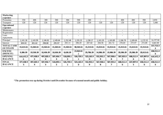 37
Marketing
expenses
Promotion 550 400 300 300 300 500 200 - - 400 400 500 3,850
Transport 120 120 120 120 120 120 120 120 120 120 120 120 1,440
Operational
expenses
Maintenance - - - - - - - - - - - - -
Registration - - - - - - - - - - - - -
Loan
repayments
- - - - - - - - - - - - -
Principal 1,141.18 1,143.99 1,146.81 1,149.64 1,152.48 1,155.32 1,158.17 1,161.03 1,163.89 1,166.76 1,169.64 1,172.52 16,197.88
Interest 304.43 301.62 298.80 295.97 293.13 290.29 287.44 284.58 281.72 278.85 275.97 273.09 3,465.89
TOTAL CASH
OUTFLOW
15,613.61 15,463.61 15,563.61 15,363.61 15,363.61 48,563.61 15,213.61 15,013.61 15,013.61 15,413.61 15,613.61 15,513.61
217,713.3
2
EXCESS/
(DEFICIT)
9,386.39 19,536.39 10,436.39 10,636.39 8,636.39
(3,563.61
)
29,786.39 14,986.39 19,986.39 20,586.39 29,386.39 20,613.61
658,511.4
6
OPENING
BALANCE
468,052.5
6
477,438.9
5
497,020.3
4
507,456.7
3
518,093.1
2
526,729.5
1
523,165.9
0
552,952.2
9
567,938.6
8
587,925.0
7
608,511.4
6
637,897.8
5
468,052.5
6
FINAL
BALANCE
477,438.9
5
497,020.3
4
507,456.7
3
518,093.1
2
526,729.5
1
523,165.9
0
552,952.2
9
567,938.6
8
587,925.0
7
608,511.4
6
637,897.8
5
658,511.4
6
658,511.4
6
*The promotion rose up during October until December because ofseasonal month and public holiday.
 
