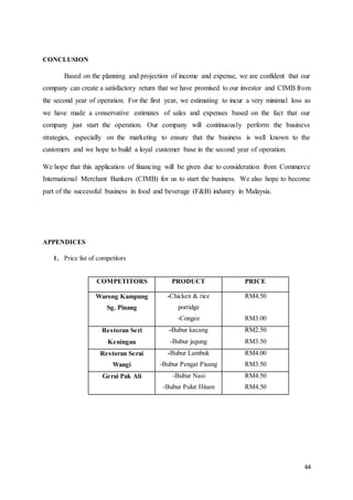 44
CONCLUSION
Based on the planning and projection of income and expense, we are confident that our
company can create a satisfactory return that we have promised to our investor and CIMB from
the second year of operation. For the first year, we estimating to incur a very minimal loss as
we have made a conservative estimates of sales and expenses based on the fact that our
company just start the operation. Our company will continuously perform the business
strategies, especially on the marketing to ensure that the business is well known to the
customers and we hope to build a loyal customer base in the second year of operation.
We hope that this application of financing will be given due to consideration from Commerce
International Merchant Bankers (CIMB) for us to start the business. We also hope to become
part of the successful business in food and beverage (F&B) industry in Malaysia.
APPENDICES
1. Price list of competitors
COMPETITORS PRODUCT PRICE
Warong Kampung
Sg. Pinang
-Chicken & rice
porridge
-Congee
RM4.50
RM3.00
Restoran Seri
Keningau
-Bubur kacang
-Bubur jagung
RM2.50
RM3.50
Restoran Serai
Wangi
-Bubur Lambuk
-Bubur Pengat Pisang
RM4.00
RM3.50
Gerai Pak Ali -Bubur Nasi
-Bubur Pulut Hitam
RM4.50
RM4.50
 