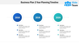 Business Plan 3 Year Planning Timeline
2018 2019 2020
Text Here
This slide is 100% editable. Adapt
it to your needs and capture your
audience's attention.
Text Here
This slide is 100% editable. Adapt
it to your needs and capture your
audience's attention.
Text Here
This slide is 100% editable. Adapt
it to your needs and capture your
audience's attention.
Text Here
This slide is 100% editable. Adapt
it to your needs and capture your
audience's attention.
Text Here
This slide is 100% editable. Adapt
it to your needs and capture your
audience's attention.
Text Here
This slide is 100% editable. Adapt
it to your needs and capture your
audience's attention.
Text Here
This slide is 100% editable. Adapt
it to your needs and capture your
audience's attention.
Text Here
This slide is 100% editable. Adapt
it to your needs and capture your
audience's attention.
Text Here
This slide is 100% editable. Adapt
it to your needs and capture your
audience's attention.
 