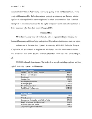BUSINESS PLAN 8
restaurant to their friends. Additionally, various pre-opening events will be undertaken. These
events will be designed for the local merchants, prospective customers, and the press with the
objective of creating awareness about the presence of a new restaurant in the area. Moreover,
pricing will be considerate to ensure that it is highly competitive and it enables the customers to
derive maximum value from their money (Treyger, 2019).
Financial Plan
Metro Fast Foods revenue will be from the sales of organic food items including fast
foods and beverages. Additionally, the main costs will include production costs, lease payments,
and salaries. At the same time, expenses on marketing will be high during the first year
of operation, but will be lower in the years that will follows since the restaurant will already
have established itself within the area. Therefore, Metro Fast Foods seeks for a total funding of
US
$363,000 to launch the restaurant. The fund will go towards capital expenditure, working
capital, marketing expenses, and labor costs.
Start Up CostsStart-Up Expenses Amount
Graphic Logo and Name Creation $1,000
Permits + Lease Deposit $1,200
Contingency $10,000
Outdoor Sign $3,000
Building Improvements $50,000
Working Capital $172,500
Pre Opening Expenses $14,800
Total Start-Up Expenses $252,500
Start-Up Assets
Artwork $800
Walk In Cooler $8,000
Commercial Dishwasher with Sink in Table $7,000
Reach in Stainless Steel Freezers (2) $6,000
Stainless Steel Cold Station $3,000
20 quart food processor/blender $900
 