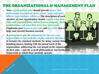 o Your organizational plan should provide names and
professional descriptions of the owner (you) and other
officers your business will have. The description of each
member of your organization should explain what their
roles and responsibilities will be in your company, their
qualifications and what they have done previously.
Emphasize past business successes and key skills that will
help your current business succeed.
o A management plan is a blueprint for the way your
organization is run, both day-to-day and over the long term.
It includes the standard methods for doing various things --
handling money, dealing with the actual work of the
organization, addressing the way people in the organization
do their jobs -- and the overall philosophical and intellectual
framework in which these methods operate.
THE ORGANIZATIONAL & MANAGEMENT PLAN
B U S I N E S S P L A N D E V E L O P M E N T S E M I N A R
 