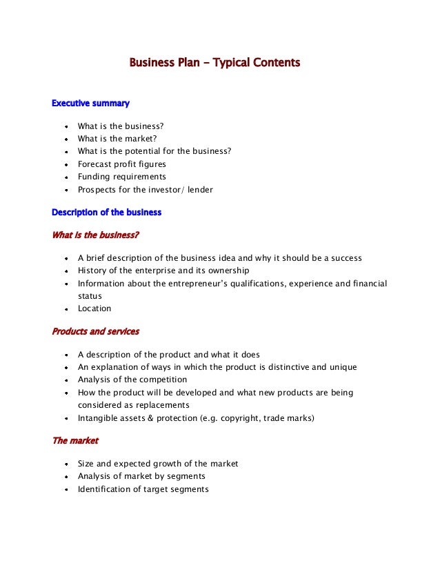 structure and contents of a typical business plan