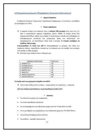 4.9 Χρηματοοικονομικές Πληροφορίες (Financial Informations)
 Αρχικό Κεφάλαιο
Η μαθητική Εταιρεία Τουριστικών Τεχνολογικών Εφαρμογών «e-visioners» συστάθηκε
τον Δεκέμβριο του 2015.
 Πηγές κεφαλαίων
 Ο αρχικός στόχος της εταιρείας ήταν η πώληση 500 μετοχών στην τιμή των 2 €,
άρα η συγκέντρωση αρχικού κεφαλαίου ύψους 1000€. Ο στόχος αυτός δεν
πραγματοποιήθηκε καθώς ενώ υπήρξε το απαιτούμενο επενδυτικό ενδιαφέρον οι
ενδιαφερόμενοι επενδυτές δεν μπορούσαν -βάση του κανονισμού του
προγράμματος- να αποκτήσουν πάνω από 2 μετοχές. Η εταιρία κατάφερε να
διαθέσει 346 μετοχές.
Συγκεντρώθηκε το ποσό των 692 €. (Καταγράφηκαν οι μέτοχοι. Στο τέλος του
παρόντος πλάνου παρατίθεται πίνακας με τα ονόματα και τον αριθμό των μετοχών
που κατέχει ο κάθε μέτοχος).
 Δεύτερη πηγή εσόδων είναι οι Χορηγοί μας.
ΟΝΟΜΑ ΕΠΙΧΕΙΡΗΣΗΣ ΠΟΣΟ ΣΕ €
1. ΒINMAT A.E. 50
2. SCHINDLER A.E. 50
3. OLYMPICO A.E. 50
4. AMSTEL A.E. 50
5. ΝΑJA O.E. 40
6. AXAIA CLAUSS Α.Ε. 150
7. ΚΑΛΛΙΣΤΡΟΣ Ο.Ε. 40
Τα έσοδα από τους χορηγούς ανήρθαν στα 430 €
 Τρίτη πηγή εσόδων ήταν το πάρτυ – παρουσίαση του προϊόντος – υπηρεσία.
Από την πώληση προσκλήσεων συγκεντρώθηκαν έσοδα 112 €
 Δαπάνες
• Για υλικά λειτουργίας της επιχείρησης
• Για υλικά προώθησης προϊόντος
• Για τη διαμόρφωση του εκθεσιακού χώρου στο Fair Trade 2015 του ΣΕΝ
• Για τη μεταφορά των εργαζομένων στον εκθεσιακό χώρο στο The Mall Athens
• Για εκτύπωση διαφημιστικών εντύπων
• Για μισθούς – αμοιβές προσωπικού
17
 