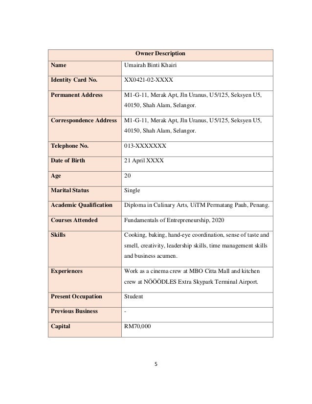 5
Owner Description
Name Umairah Binti Khairi
Identity Card No. XX0421-02-XXXX
Permanent Address M1-G-11, Merak Apt, Jln Uranus, U5/125, Seksyen U5,
40150, Shah Alam, Selangor.
Correspondence Address M1-G-11, Merak Apt, Jln Uranus, U5/125, Seksyen U5,
40150, Shah Alam, Selangor.
Telephone No. 013-XXXXXXX
Date of Birth 21 April XXXX
Age 20
Marital Status Single
Academic Qualification Diploma in Culinary Arts, UiTM Permatang Pauh, Penang.
Courses Attended Fundamentals of Entrepreneurship, 2020
Skills Cooking, baking, hand-eye coordination, sense of taste and
smell, creativity, leadership skills, time management skills
and business acumen.
Experiences Work as a cinema crew at MBO Citta Mall and kitchen
crew at NÖÖÖDLES Extra Skypark Terminal Airport.
Present Occupation Student
Previous Business -
Capital RM70,000
 